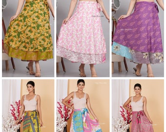 Wholesale Lots Sari silk wrap skirt Handmade Vintage Reversible and Lightweight Floaty Double layer skirt Long Skirts Ties