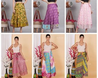 Wholesale Lot of  Silk Sari Wrap skirts for Summer Wear Vintage Handmade Reversible Long Silk Skirts Double layer wrap skirts with Tie