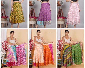 Indian Vintage Double Layer Art Silk Skirt Wrap around Skirt Handmade Magic Wrap Long Skirt (Assorted Colors)