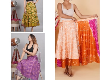 Wholesale Lot Indian Silk Long Skirts Boho Hippie Long Skirt, Double Layer Magic Wrap Reversible Long Skirt, Vintage handmade Silk Skirts