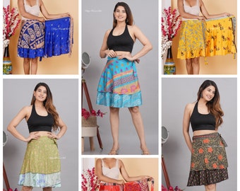 Wholesale Lot Indian vintage Mini  silk wrap skirt women beach skirt boho magic double layer skirts for Indian Wrap Handmade Silk skirt