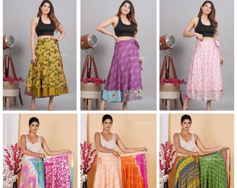 Sari silk wrap skirt Reversible layer Indian vintage Handmade silk wrap skirt women beach Long magic double layer skirts for Indian skirt