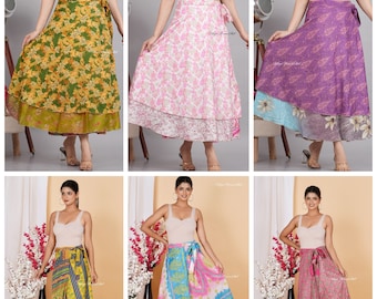 Wholesale Lots Sari silk wrap skirt Reversible and Lightweight Floaty Double layer Handmade skirt Long Vintage Skirts Ties