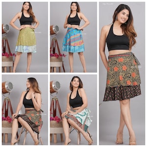 Indian vintage Mini silk wrap skirt women beach skirt 5 Pc Lot Handmade boho magic double layer skirts for Indian Wrap Silk skirt