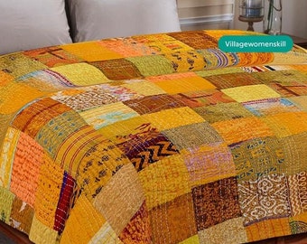 Kantha Decke Indische Quilt Bettwäsche Tagesdecke Seide Vintage Handgemacht Patchwork Boho Raumdecken Dekor Größe 108X90 Zoll