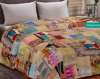 Vintage Kantha Quilt: Handmade Patchwork Silk Throw, Bohemian Bedspread