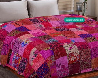 Indian handmade patchwork Silk kantha quilt hippie bedding bedspread boho bohemian vintage kantha blanket gudari king/twin size bed cover