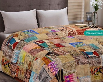 Trapunta Kantha fatta a mano: patchwork vintage di sari, biancheria da letto boho