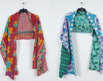 5 bufandas vintage de algodón indio Kantha, estolas, estilo bohemio hippie, hechas a mano, estilo bohemio, de patchwork, reversibles, para el cuello.