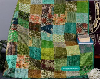 Handmade Kantha Quilt, Cotton Silk Patchwork Bedspread, Indian Vintage Throw