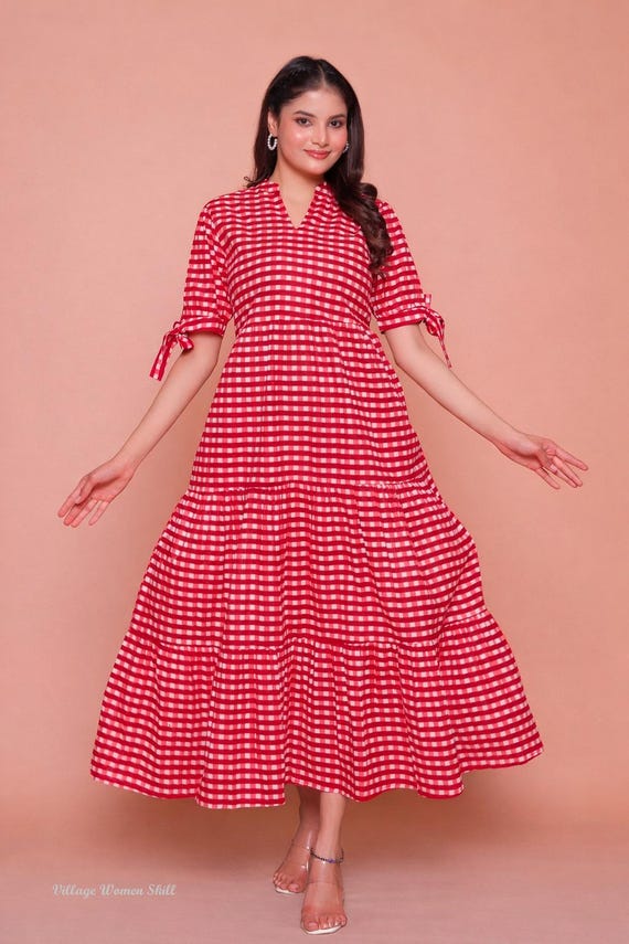 Classic V Neck Gingham Print Dress Beach Vacation Women Cotton Clothes