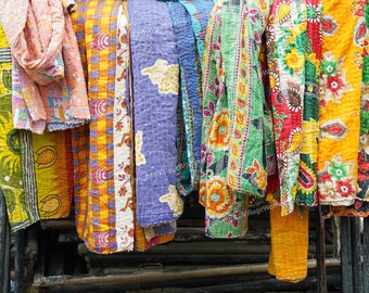 Edredón Vintage Kantha Hecho A Mano – Reversible, 100% Algodón, Tamaño Twin (50x80 Pulgadas), ¡arte Textil único!