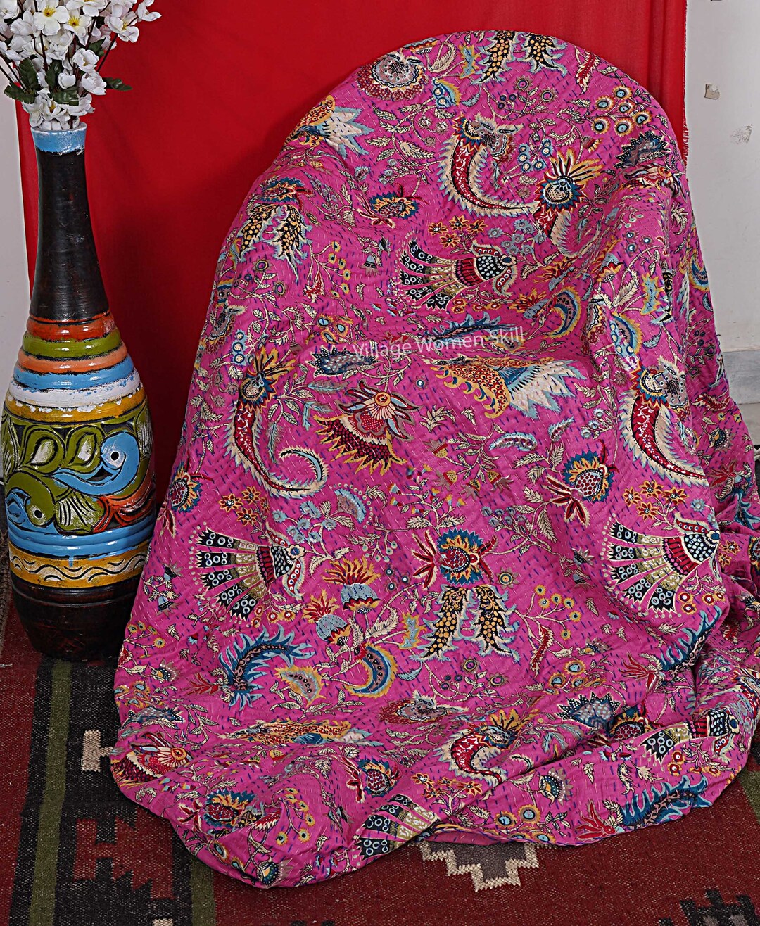 Yuvancrafts Traiditional Belle Mukut Sérigraphiée Kantha Quilt Faite à