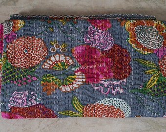 Floral Kantha Quilt - Reversible Bohemian Cotton Bedspread