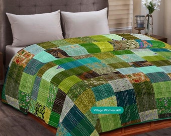 Vintage Silk Sari Patchwork Kantha Quilt Handmade Silk Kantha Blanket Queen Size Kantha Bedspread Bedding Kantha Throw