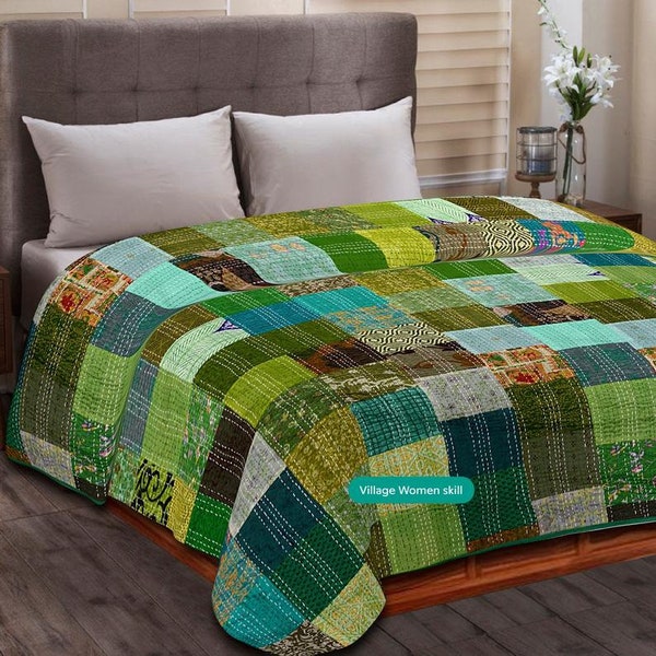 Vintage Silk Sari Patchwork Kantha Quilt Handmade Silk Kantha Blanket Queen Size Kantha Bedspread Bedding Kantha Throw