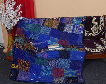 Womencrafts Kantha quilt Indiase patchwork, handgemaakte zijden sier patola kantha bedsprei, omkeerbaar kingsize beddengoed sprei, vintage handsteek gudri, decoratieve stranddeken (rode kleur