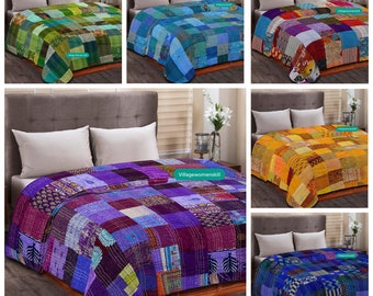 Großhandel Boho Patchwork Seide Bettdecke Große Seide Kantha Quilt Hippie Bettdecke Zimmer Bettdecken Dekorative Vintage Handmade Double Throw