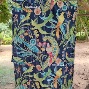 Handmade Peacock Print Kantha Quilt Indian Kantha Bedspread Kantha Bedcover Throw Cotton Blanket Kantha Boho Kantha Quilt Dark Blue