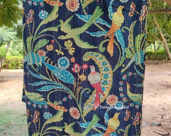 Handmade Peacock Print Kantha Quilt Indian Kantha Bedspread Kantha Bedcover Throw Cotton Blanket Kantha Boho Kantha Quilt