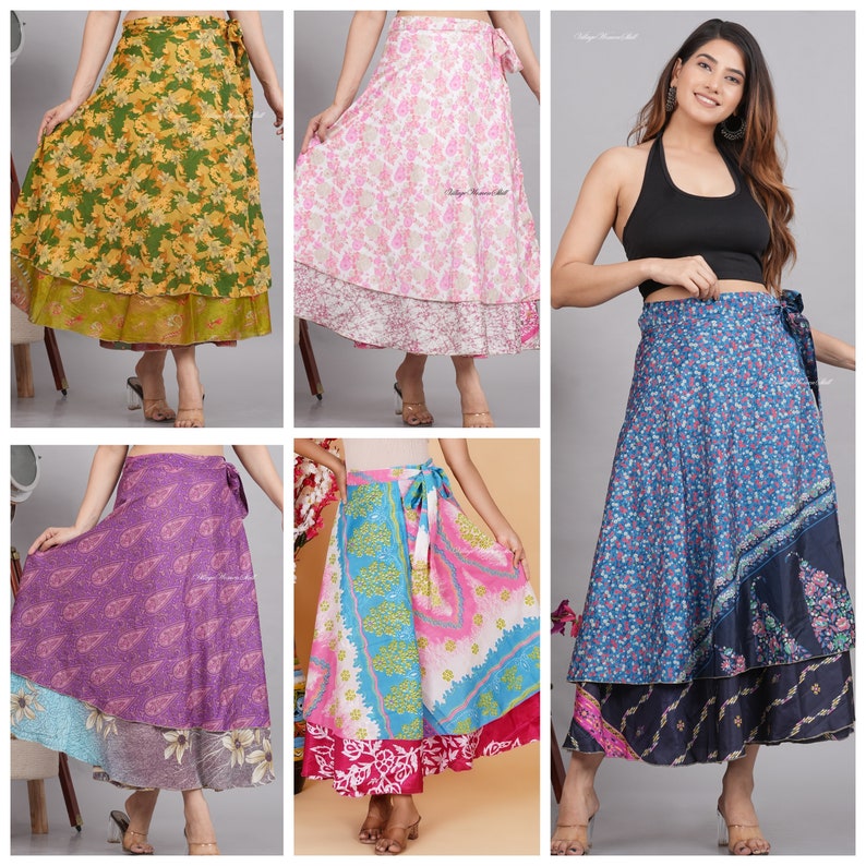 5 Pc Lots 48 Inches waist and 36 inches long silk skirts Indian Vintage Silk Wrap Skirts Wholesale Lot Assorted Colors image 2