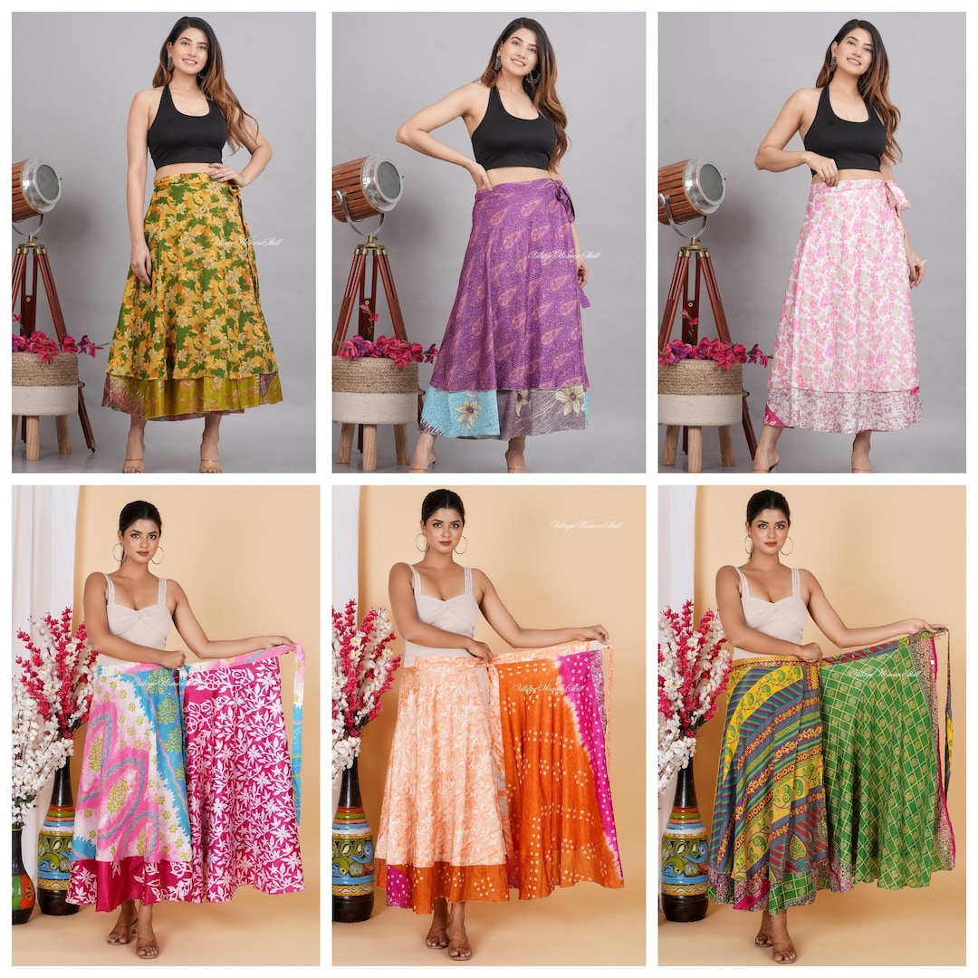 Plus Size Reversible Patchwork Sari Wrap Skirt #150 main image 1
