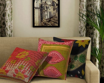 Set of 5 Pc Handmade Antique Kantha Throw Pillow, Indian Bohemian Cushion Cover, Home Decor Cushion , Cotton pillowcase, Boho Pillow Cover