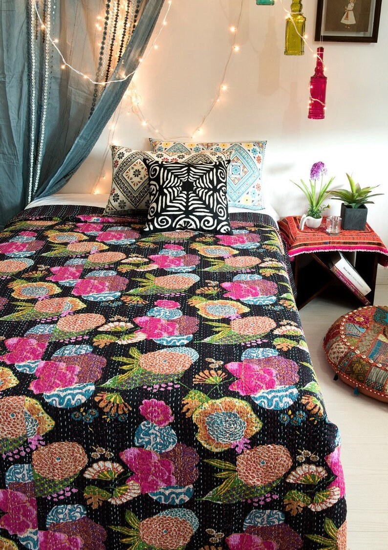 Handmade Quilt Vintage Purple Fruit Kantha Bedspread Throw Cotton Blanket Gudri 
