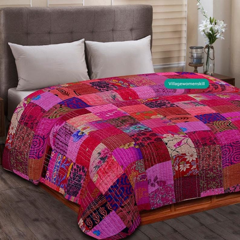 Indian Handblock Boho Blokprint Kantha Quilt Beddengoed Bohemian Katoen Deken Handgemaakte Bedsprei Hand Block Print, 100% Katoen Sprei Deken Gooi (Wit & Oranje, 60X90 inch