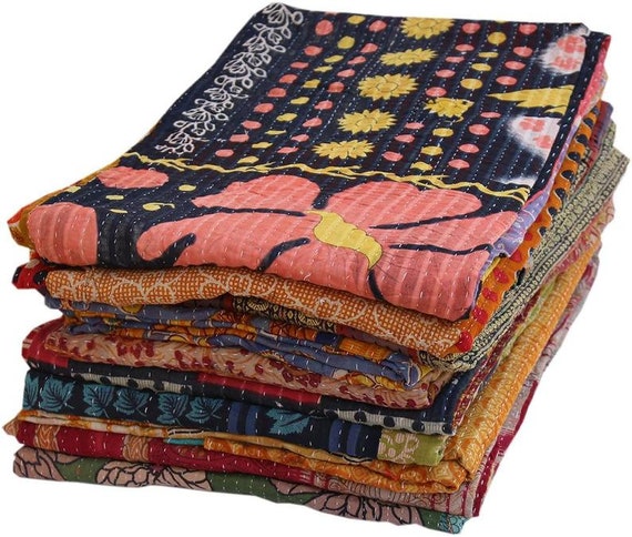 Black kantha quilt indian handmade vintage reversible sari throw cotton kantha sari blanket bed spread bedding sheet quilted kantha quilt