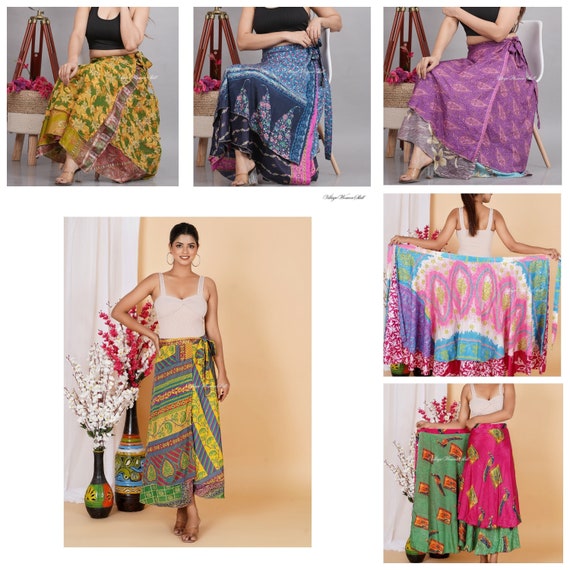 Indiano Vintage Seta Sari Riciclato Avvolgente Gonna Reversibile 5 Pezzi Lotto e