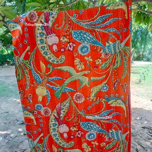 Handmade Peacock Print Kantha Quilt Indian Kantha Bedspread Kantha Bedcover Throw Cotton Blanket Kantha Boho Kantha Quilt Orange