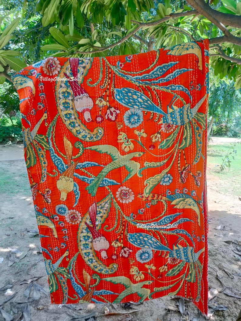 Handmade Peacock Print Kantha Quilt Indian Kantha Bedspread Kantha Bedcover Throw Cotton Blanket Kantha Boho Kantha Quilt Orange