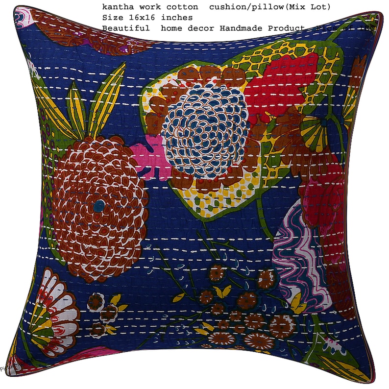 May include: A blue cotton cushion cover with a floral pattern in shades of red, yellow, pink, and brown. The cover is 16 inches by 16 inches and is handmade.