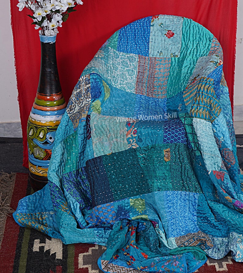 Boho Patchwork Quilt Kantha Quilt Handgefertigte Vintage Quilts Boho King Size Bettwäsche Überwurf Decke Tagesdecke Quilting Hippie Quilts zum Verkauf Turquoise