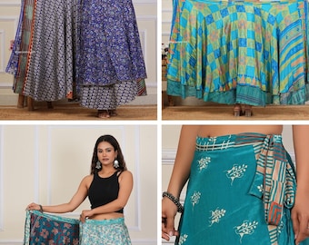 Großhandel Lot von Seide Sari Wickelröcke für Sommer tragen Vintage Handmade Reversible Lange Seidenröcke Doppelschichtige Wickelröcke mit Krawatte
