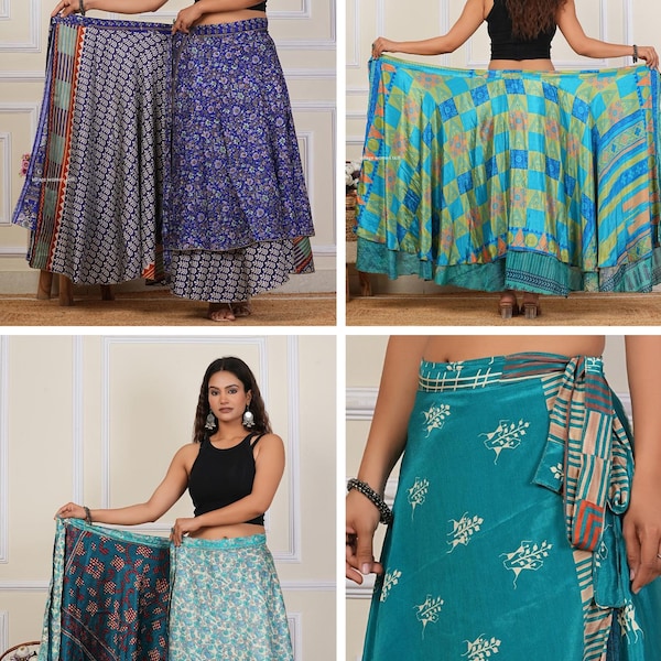 Wholesale Lot of  Silk Sari Wrap skirts for Summer Wear Vintage Handmade Reversible Long Silk Skirts Double layer wrap skirts with Tie
