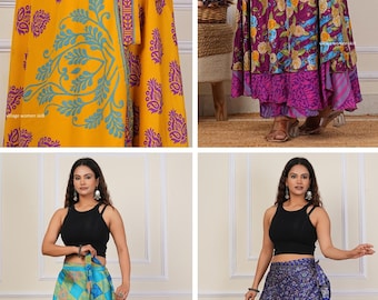 Wholesale Lot of  Silk Sari Wrap skirts for Summer Wear Vintage Handmade Reversible Long Silk Skirts Double layer wrap skirts with Tie
