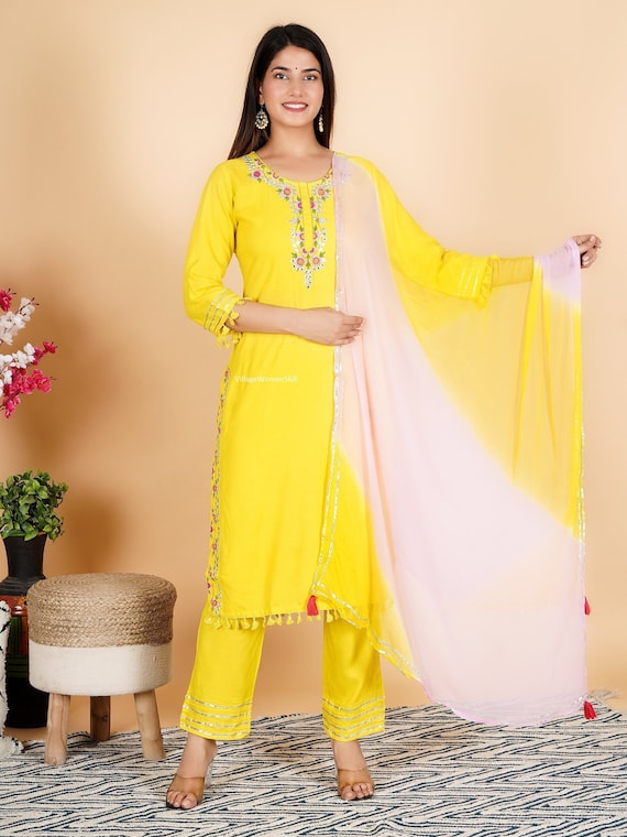 Yellow Rayon Kurti Palazzo and Dupatta Set Designer Kurti Set Kurti Dupatta  Set Haldi Kurti Suit Kurta for Women Summer Wear Kurti 3PC Kurti - Etsy