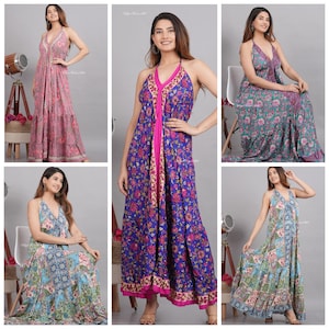 Boho Art Silk Halter Maxi Dress, Backless Summer Clothing