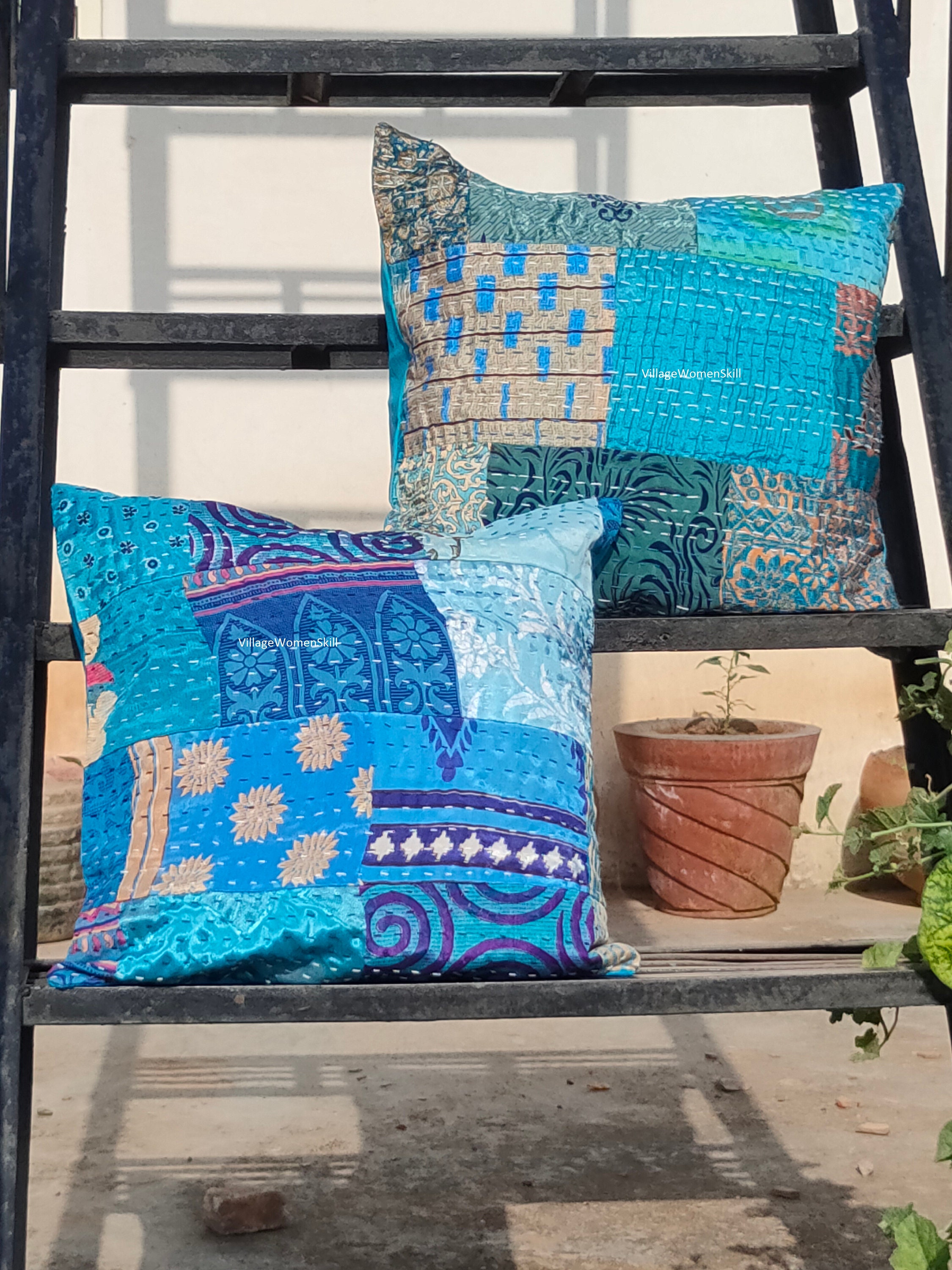 Indian Silk Patchwork Cushion Cover Boho Vintage Pillow