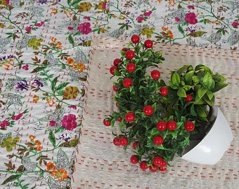 Handmade Cotton Kantha Quilt: Paradise Floral Bedspread, Boho Decor