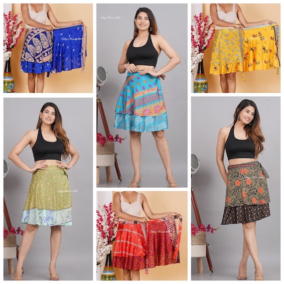 Amazon.com: Wholesale 5 Pcs Lot Two Layers Women's Indian Sari Magic Wrap  Around Mini Skirts Short Skirts : Clothing, Shoes & Jewelry