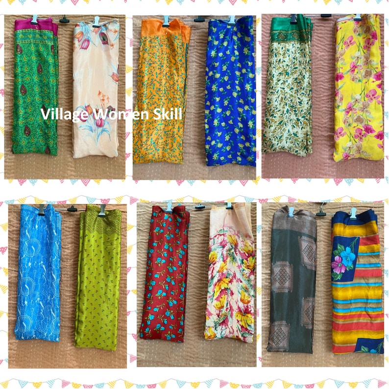 May include: A collection of 10 colorful fabric scarves with various floral and geometric patterns. The scarves are hanging on a clothesline with a banner of flags behind them. The text "Village Women Skill" is visible in the top center of the image.