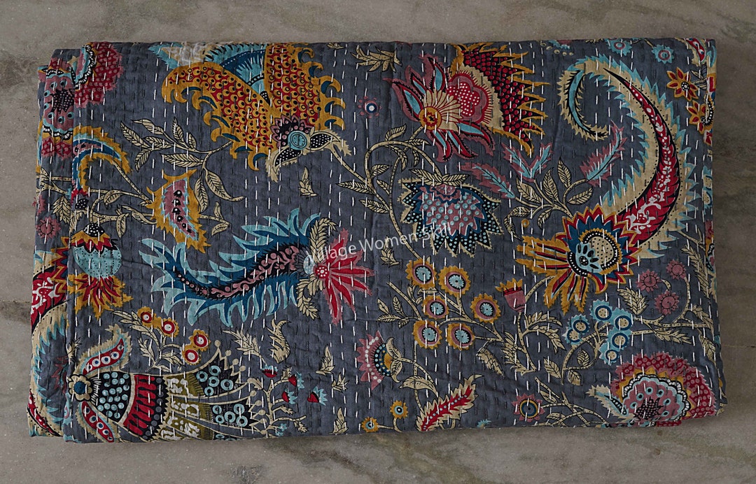 Edredón Kantha de retales indio hecho a mano, manta de retales Reversible, colcha de tela de seda, colcha bohemia, colchas de cama 108*90 - México Edredón Kantha de retales indio hecho a mano, manta de retales Reversible, colcha de tela de seda, colcha bohemia, colchas de cama 108*90 - México