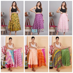 5 Pc Lots 48 Inches waist and 36 inches long silk skirts Indian Vintage Silk Wrap Skirts Wholesale Lot Assorted Colors image 1