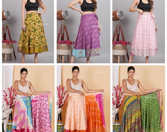 5 Pc Lots 48 Inches waist and 36 inches long silk skirts Indian Vintage Silk Wrap Skirts Wholesale Lot (Assorted Colors)