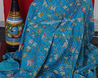 Handmade Floral Kantha Quilt - Reversible Boho Bed Cover