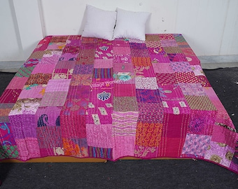 Handmade Kantha Quilt: Vintage Sari Patchwork, Boho Bedding