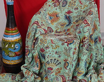 Handmade Cotton Kantha Quilt, Indian Bedspread Blanket Throw